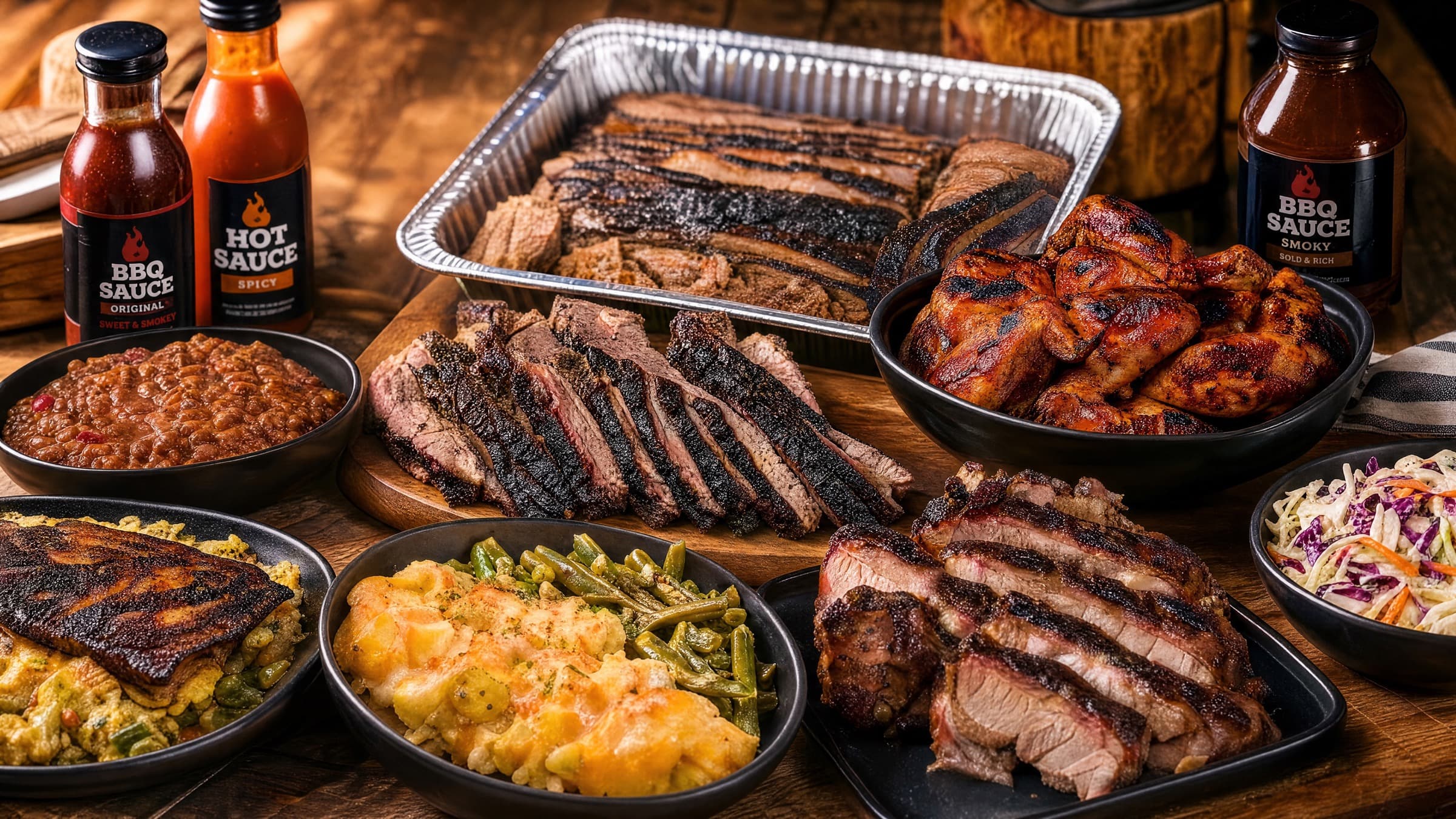 Full Jus Blaze BBQ table spread — brisket, ribs, wings, and sides