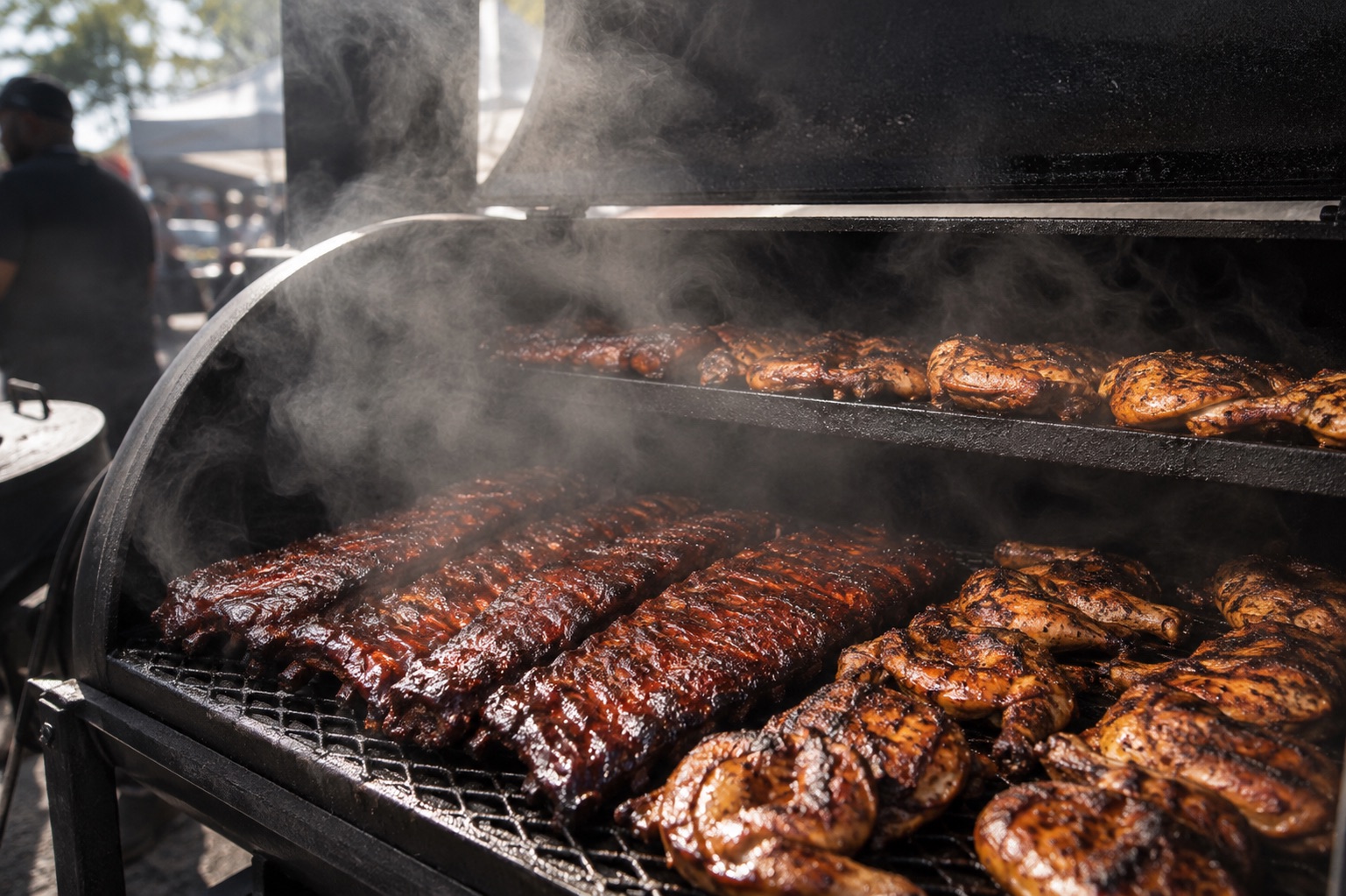 Close-up of BBQ ribs and chicken smoking over real wood